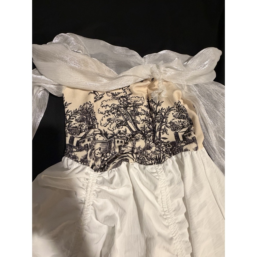 Toile Bodice Milkmaid Dress ~6~White Chiffon Slv Fairy Tale Parachute Hi Low Hem - Picture 9 of 16